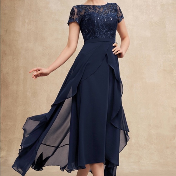 JJs House Dresses & Skirts - JJs House Navy Blue Lace Chiffon Evening Dress